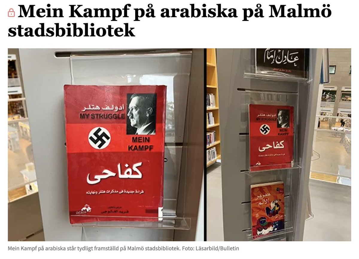 Bulletin_Nu's tweet photo. På Malmö stadsbibliotek finns Hitlers bok att låna på svenska, engelska – och arabiska.
https://t.co/d5NFC7MZ6N https://t.co/8yPNuEGI8q