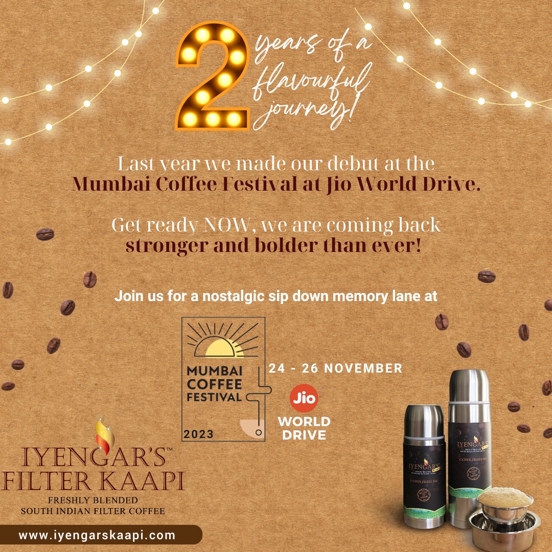 iyengarskaapi's tweet photo. Celebrating 2 years of flavor-packed memories! Brace yourselves, as we return to Jio World, bolder and stronger for another delicious chapter. 🎉🍕 #TwoYearsFlavorful
.
.
.
.
.
#iyengarskaapi #jioworld #mumbaicoffeefestival #filtercoffee #jioworlddrive #filterkaapi #coffeelover https://t.co/D9xVaHBF2r