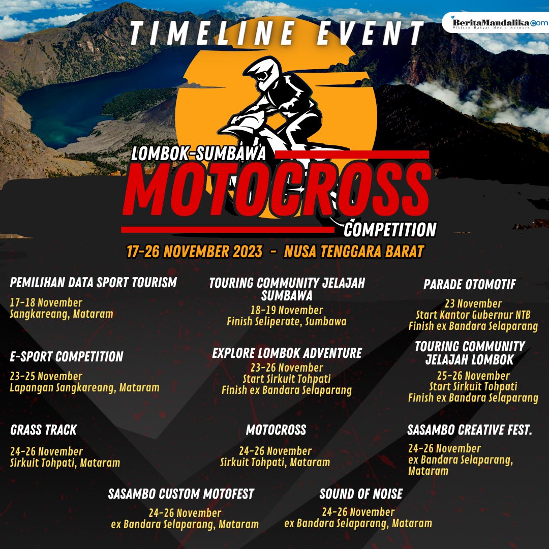 ‼️AYO RAMAIKAN‼️

Ini dia rangkaian Event Lombok - Sumbawa Motocross 2023 yang bisa Sobat Perdagangan ikuti keseruannya mulai tanggal 17-26 November 2023, catat tanggalnya dan jangan sampai kelewatan yaa🔥🔥

#LombokSumbawaMotocross #SportTourism #Pariwisata #UMKM  #DisdagNTB