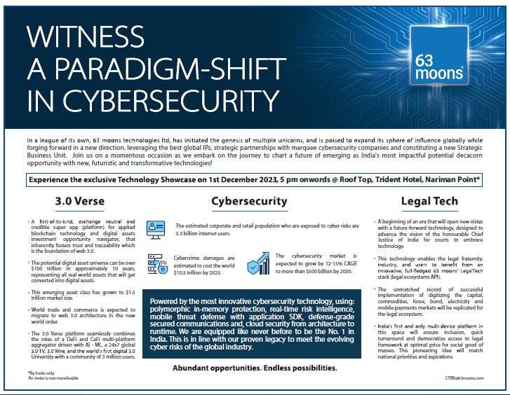 yatinmota's tweet photo. 63 Moons shares at new 52 week high
Shares surge 131% on a 6-month basis, up 40% in a month
Company to showcase Cybersecurity, New Tech products on Dec 1st as per advt. in newspapers today