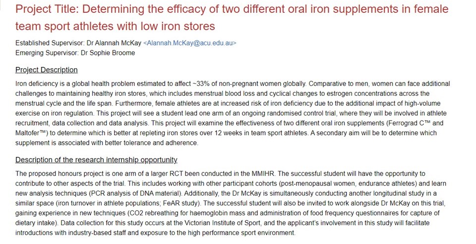 🚨 ACU Honours Scholarship Available for 2024 🚨

We are looking for an Honours student to join the group in 2024! Project will be centred around iron supplementation in female, team sport athletes. $10,000 scholarships available – please get in touch!  

acu.smapply.io/prog/acu_nutri…