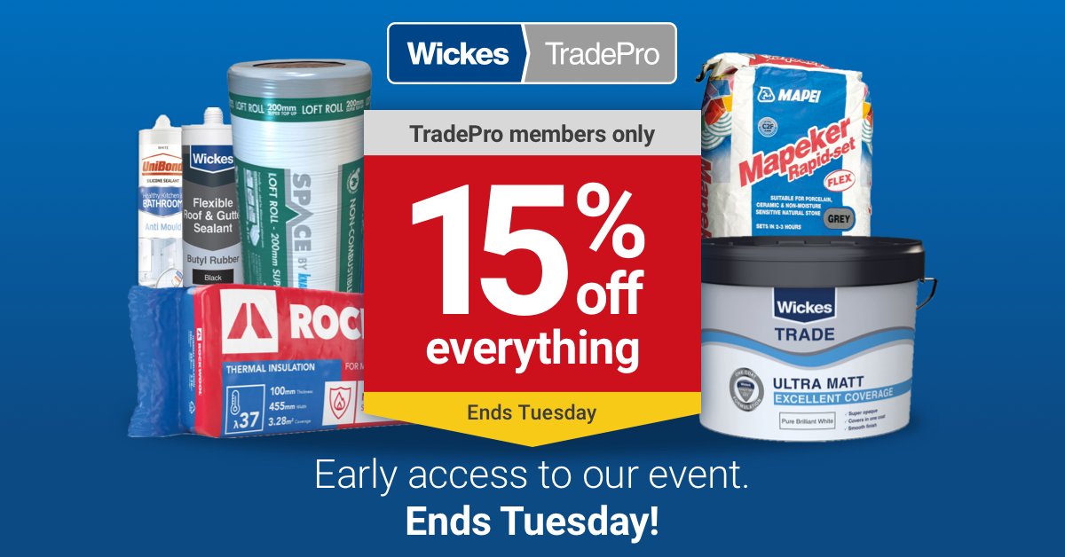 ⏰ Tick-tock! Today is the LAST day to dive into the Wickes TradePro event! 🛒 

Don't miss your chance to snag 15% off on online and in-store purchases. 

Hurry, the savings vanish at midnight today! 🌟 

#LastDaySavings #TradeProFinalCall