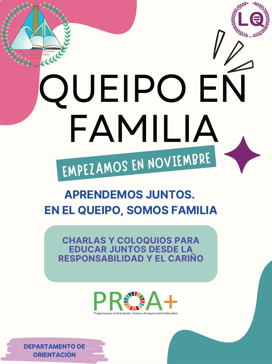 ieslqueipo's tweet photo. En el @ieslqueipo  ponemos en marcha "Queipo en familia", una escuela para las familias de nuestros alumnado en la que  daremos charlas para educar en positivo y nos centraremos en los temas  que más interesan a nuestras familias. ¡Os esperamos! https://t.co/TdN6n95uxh