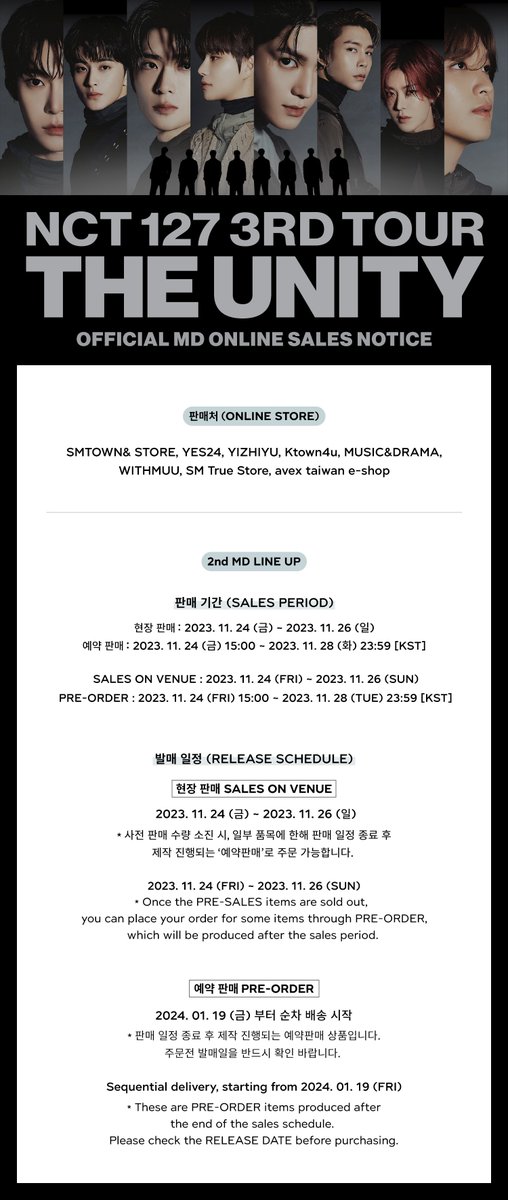 NCTsmtown_127's tweet photo. NCT 127 3RD TOUR ‘NEO CITY : SEOUL - THE UNITY’ 
OFFICIAL MD SALES NOTICE 
 
▶ Sales Day 
2nd MD LINE UP 
SALES ON VENUE : 2023. 11. 24 (FRI) ~ 2023. 11. 26 (SUN) 
PRE-ORDER : 2023. 11. 24 (FRI) 15:00 ~ 2023. 11. 28 (TUE) 23:59 [KST] 
 
▶ Online Store 
SMTOWN &STORE : https://t.co/mcNpCSxXja 
SM True Store : https://t.co/25ONDQcNrh 
avex taiwan e-shop : https://t.co/qWETmt14ix 
YES24 : https://t.co/u9yCf443ue  
ktown4u : https://t.co/fr4Vo3OnvY 
WITHMUU : https://t.co/20V0bN95YU 
MUSIC&DRAMA :  https://t.co/INevImn0WL 
YIZHIYU : https://t.co/Pu0GcXryo4