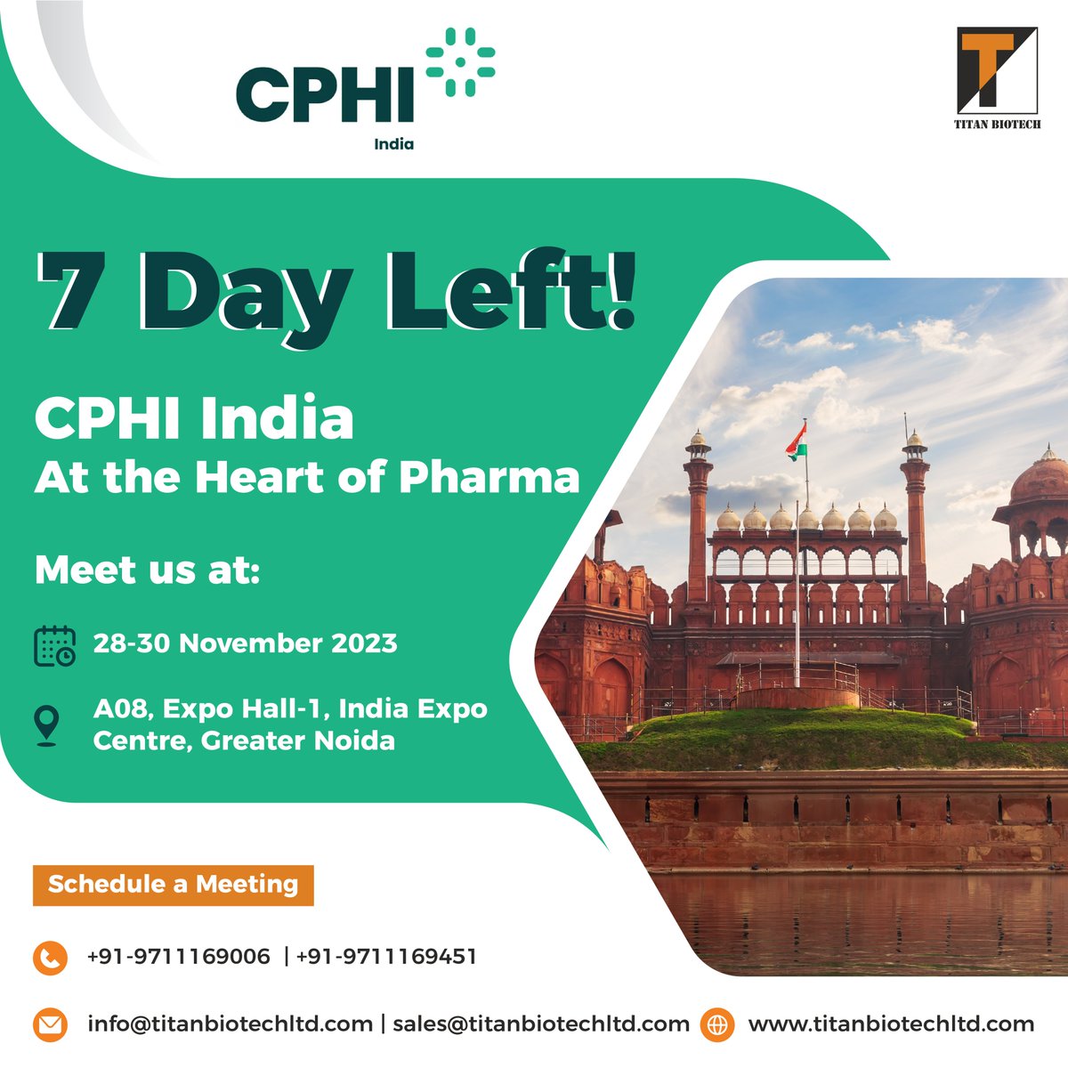 The countdown to #CPHIIndia begins.

Don't miss this opportunity to explore our latest offerings.

Stand A08, Expo Hall-1, India Expo Centre, Greater Noida, November 28-30, 2023

Schedule a Meeting
+91-9711169006, +91-9711169451
 info@titanbiotechltd.com
sales@titanbiotechltd.com