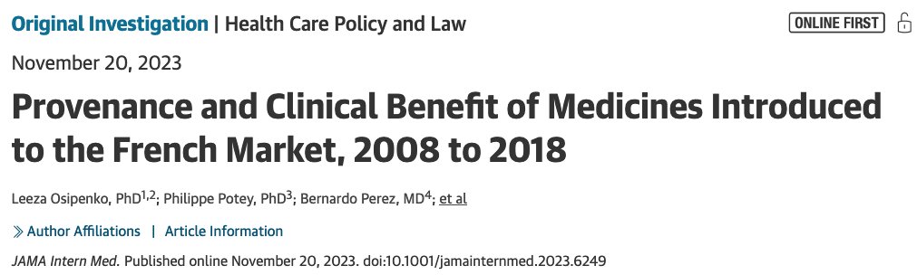 -75% de los nuevos medicamentos que ingresaron al mercado francés entre 2008 y 2018 no brindaron ningún beneficio clínico  adicional
-Los  medicamentos provenientes del entorno académico tuvieron mejor beneficio clínico que aquellos provenientes del entorno comercial