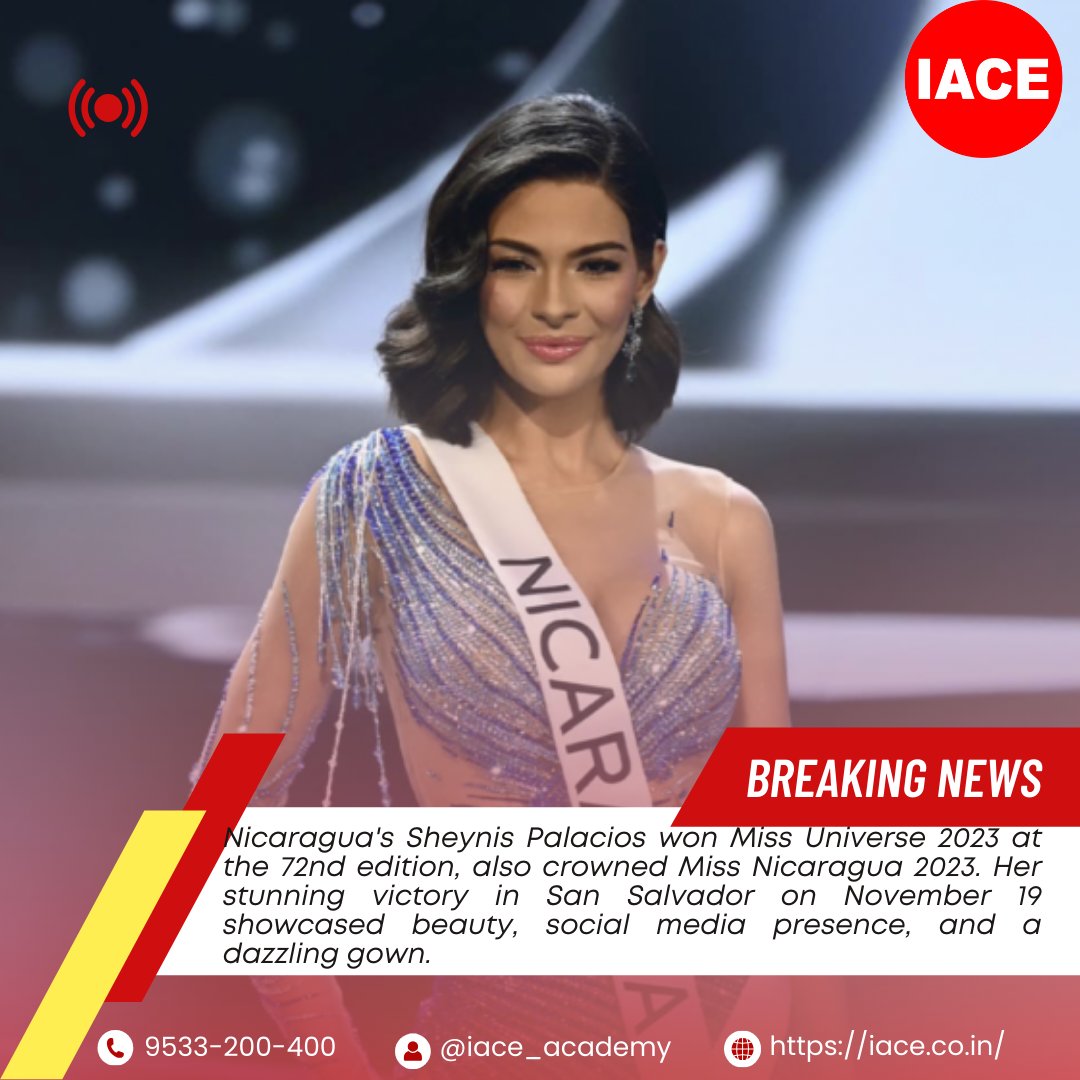 Hyd_IACE's tweet photo. Sheynis Palacios from Nicaragua took home the prestigious title of Miss Universe 2023 at the 72nd edition of the pageant. #MissUniverse #SheynisPalacios #NicaraguaBeauty #PageantWinner #MissUniverse2023 #MissNicaragua2023 #iace #dailycurrentaffairs #currentaffairs https://t.co/SvRHjbOzHM