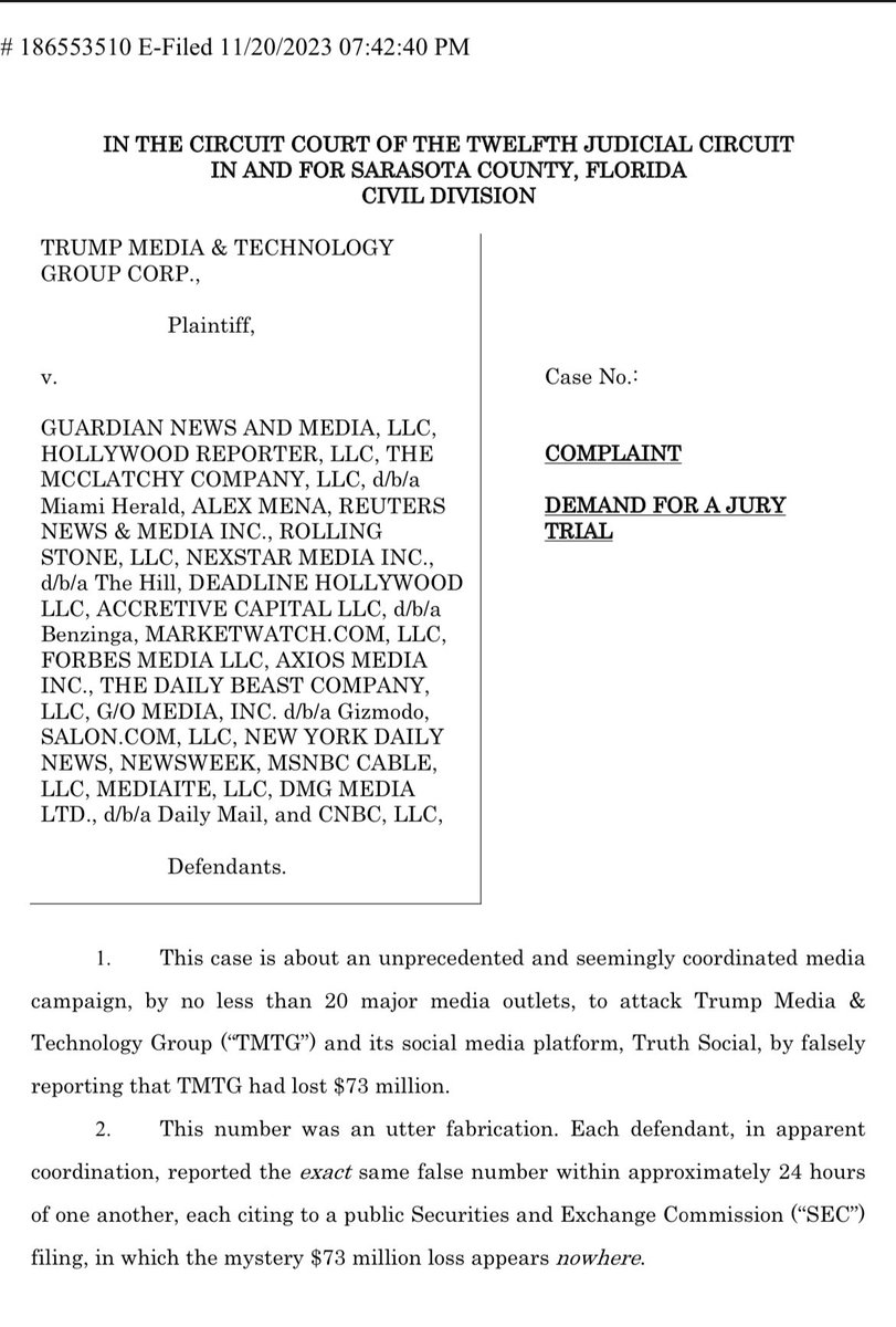 BREAKING: Truth Social files a lawsuit today against 20 media companies for defamation.