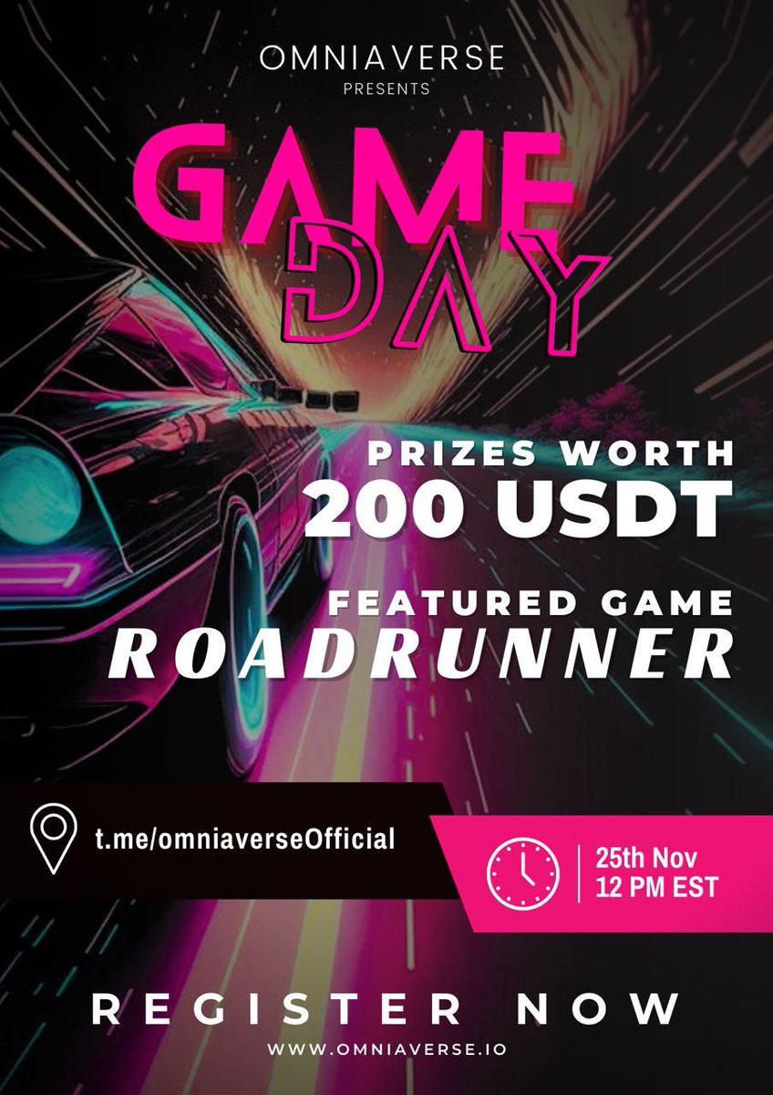 omniaverse's tweet photo. OmniaVerse is proud to announce our Game Day Tournament Series.  RoadRunner will start things off with a bang and test your high-speed driving skills to see who can come out on top. Do you have the guts to hang in there and finish on top?

The tournament begins this Saturday, Nov. 25th 12pm Est and runs thru - Sunday Nov. 26th 12pm Est

Play RoadRunner as much as you can within the 24hr period. Keep one eye on the track and the other on the live leaderboard to see where you're ranked. Whoever has the highest accumulated score at the end of the 24 hours wins! 

Entry Fee: 5000 $BLOCK

Prizes:
1st: $75 USDT 
2nd: $50 USDT
3rd: $25 USDT
5 Random participant: $10 USDT

Fill in Typeform to signup: https://t.co/zu7UmNGHQG

Send 5000 $BLOCK (any network) to: 0x889fE34013221CA0df701d4cf7daf4c6430c02C4

Download  RoadRunner App: https://t.co/8GhKA0oiUk

#gaming #OmniaVerse #RoadRunner