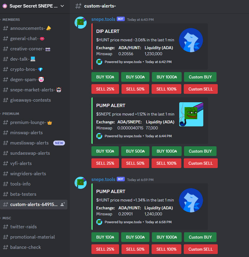 eBaykc824's tweet photo. Think of $UNIBOT but within Discord (where the vast majority of the #CardanoCommunity resides) and for trading #Cardano native tokens. Here are some of my favorite utilities:

✅ PUMP & DIP Alerts with quick buy & sell options on the go.
✅ Limit BUY/SELL charts to identify potential resistance areas (with CSV download for data analysis).
✅ Multi-DEX Support - Trade on @MinswapDEX, @MuesliSwapTeam, @SundaeSwap, @VyFiOfficial, @wingriderscom. 
✅ Quick order impact calculator.

Possible upcoming features to look forward to 🤞:

🚀 Whale wallet & known profitable wallet BUY/SELL alerts with quick buy & sell options (similar to copy trading).
🚀 Automated trading/bullish & bearish signal alerts from proven, backtested directional trading strategies with quick buy & sell options.
🚀 Liquidity & Rug pull alerts with quick buy & sell options.
🚀 Wallet & portfolio analysis tools.
🚀 And so much more.

We are building a Cardano DeFi powerhouse wickedly disguised as a "useless memecoin" which makes it even funnier. Come check us out. There's definitely a lot under the hood. 😎
