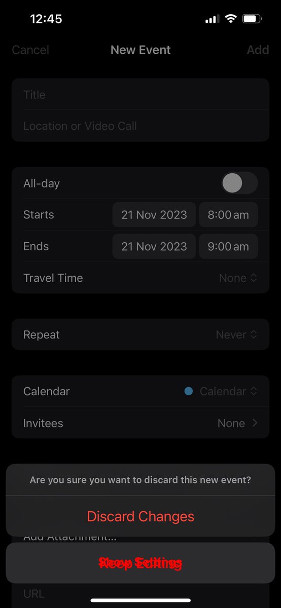 tubaadam's tweet photo. @weekcalendar WeekCal hasn’t worked since update to iOS 17.1.1 - have tried forced restart etc. It is stuck trying to create an event, but it won’t cancel or save it, just stuck on that screen. Is there a fix on the way? https://t.co/Os34FbCM16