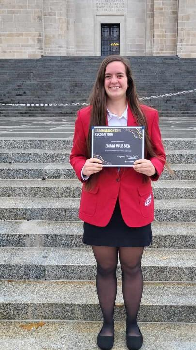 H_NWildcats's tweet photo. Emma Wubben received the opportunity to attend the Commissioners Recognition Ceremony at the state capital for her outstanding achievement in FCCLA. Emma placed 3rd at National FCCLA this summer. Congratulations on your accomplishments! https://t.co/YmB2olLg6s