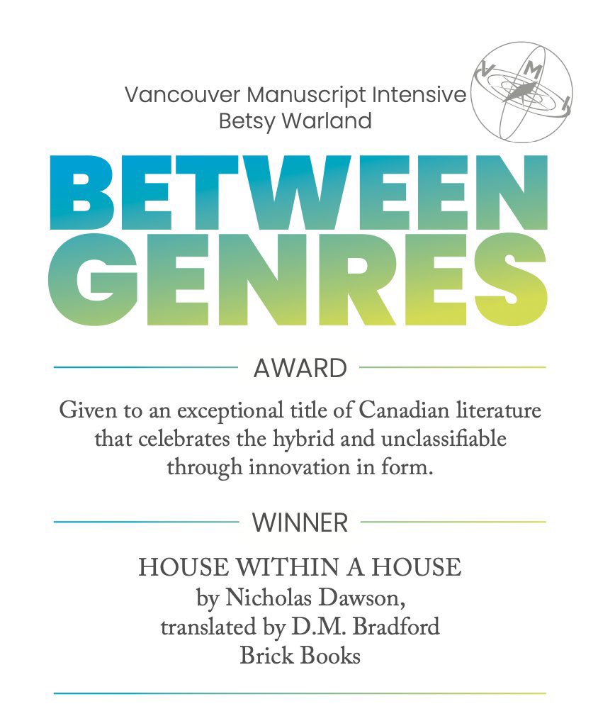 Congratulations to Nicolas Dawson for winning the 2023 @VMIProgram Betsy Warland Between Genres Award. Such excellent work, bravo! 🎉🎊