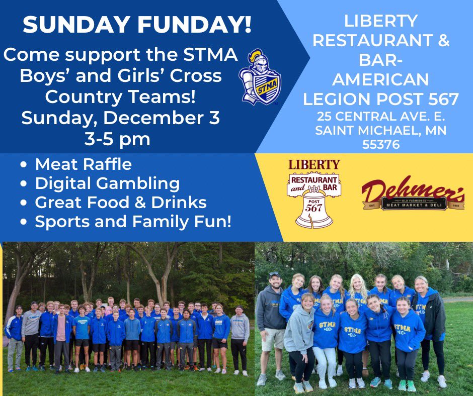 STMAXCBoys's tweet photo. Mark you calendars for Sunday, December 3rd for Sunday Fun Day at the Saint Michael Legion! Come on out and support your STMA boys and girls cross country teams. Go Knights! https://t.co/tkD5H3MPej