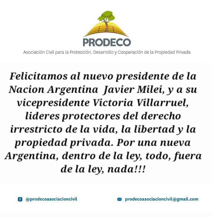 eugeamazona's tweet photo. En nombre de #PRODECO Asociación Para Protección y Desarrollo de la Propiedad Privada, les comparto las felicitaciones de todos los socios para el Presidente electo @JMilei y su Vice Presidente @VickyVillarruel
Dentro de la ley todo fuera de la ley nada!! https://t.co/Uj12ZfBsKS