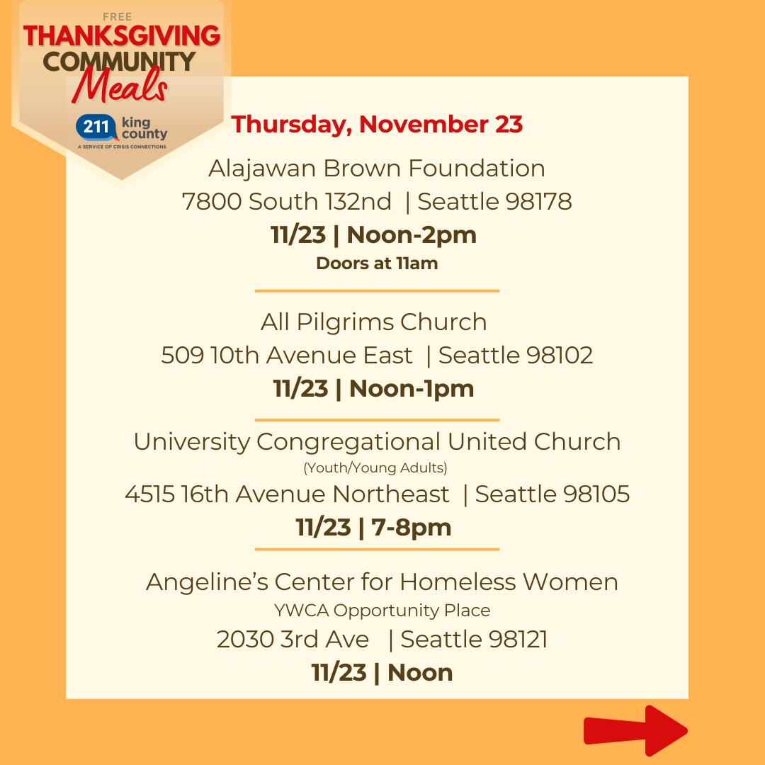 CrisisCXNs's tweet image. Free #thanksgivingmeals 11/21-11/24
Get the list here ow.ly/WBEb50Q9GPQ! 🦃

Dial 211 for help #basicfood applications + more. 🥗☎️

Monday - Friday 
9am-5pm 

KC 211 will be closed 11/24 in observance of Thanksgiving. 💛
