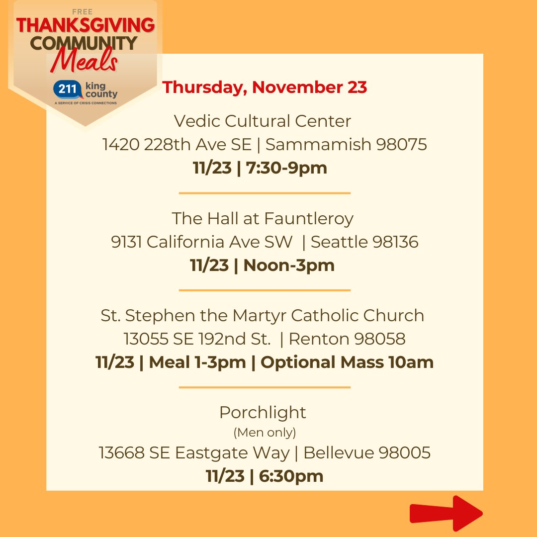 CrisisCXNs's tweet image. Free #thanksgivingmeals 11/21-11/24
Get the list here ow.ly/WBEb50Q9GPQ! 🦃

Dial 211 for help #basicfood applications + more. 🥗☎️

Monday - Friday 
9am-5pm 

KC 211 will be closed 11/24 in observance of Thanksgiving. 💛
