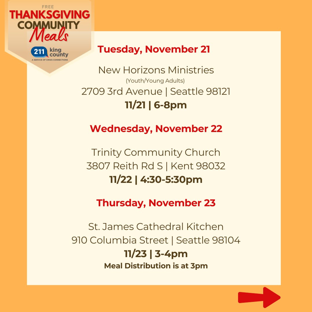 CrisisCXNs's tweet image. Free #thanksgivingmeals 11/21-11/24
Get the list here ow.ly/WBEb50Q9GPQ! 🦃

Dial 211 for help #basicfood applications + more. 🥗☎️

Monday - Friday 
9am-5pm 

KC 211 will be closed 11/24 in observance of Thanksgiving. 💛