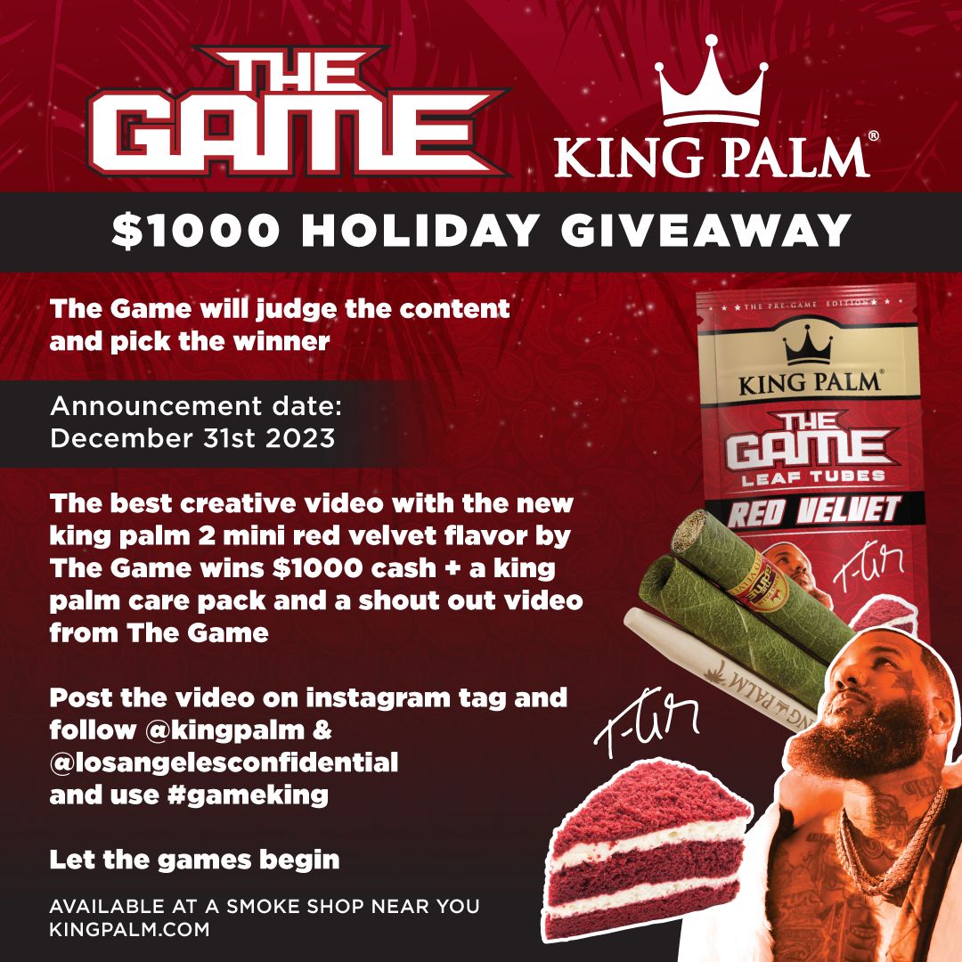 realkingpalm's tweet photo. Win $1000 this Holiday Season 🎉 🚨

Post the dopest video on IG with the new Red Velvet Palm Roll by The Game 🌴
Tag and follow us &amp; @losangelesconfidential and use #GameKing 🔴

Winner announced on December 31st. 💨 https://t.co/o7ZcnDivWi