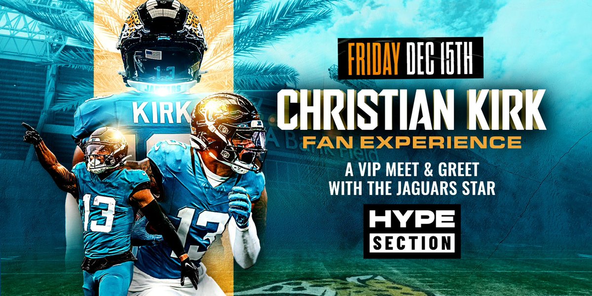 Exciting News! Meet Christian Kirk on December 15th at The Hype Section! Past events sold out fast, so don't miss your chance! Act quickly and secure your tickets today to meet the Jaguars Star: eventbrite.com/e/vip-meet-and… #DUUUVAL