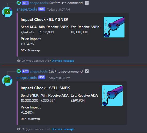 eBaykc824's tweet photo. Think of $UNIBOT but within Discord (where the vast majority of the #CardanoCommunity resides) and for trading #Cardano native tokens. Here are some of my favorite utilities:

✅ PUMP & DIP Alerts with quick buy & sell options on the go.
✅ Limit BUY/SELL charts to identify potential resistance areas (with CSV download for data analysis).
✅ Multi-DEX Support - Trade on @MinswapDEX, @MuesliSwapTeam, @SundaeSwap, @VyFiOfficial, @wingriderscom. 
✅ Quick order impact calculator.

Possible upcoming features to look forward to 🤞:

🚀 Whale wallet & known profitable wallet BUY/SELL alerts with quick buy & sell options (similar to copy trading).
🚀 Automated trading/bullish & bearish signal alerts from proven, backtested directional trading strategies with quick buy & sell options.
🚀 Liquidity & Rug pull alerts with quick buy & sell options.
🚀 Wallet & portfolio analysis tools.
🚀 And so much more.

We are building a Cardano DeFi powerhouse wickedly disguised as a "useless memecoin" which makes it even funnier. Come check us out. There's definitely a lot under the hood. 😎