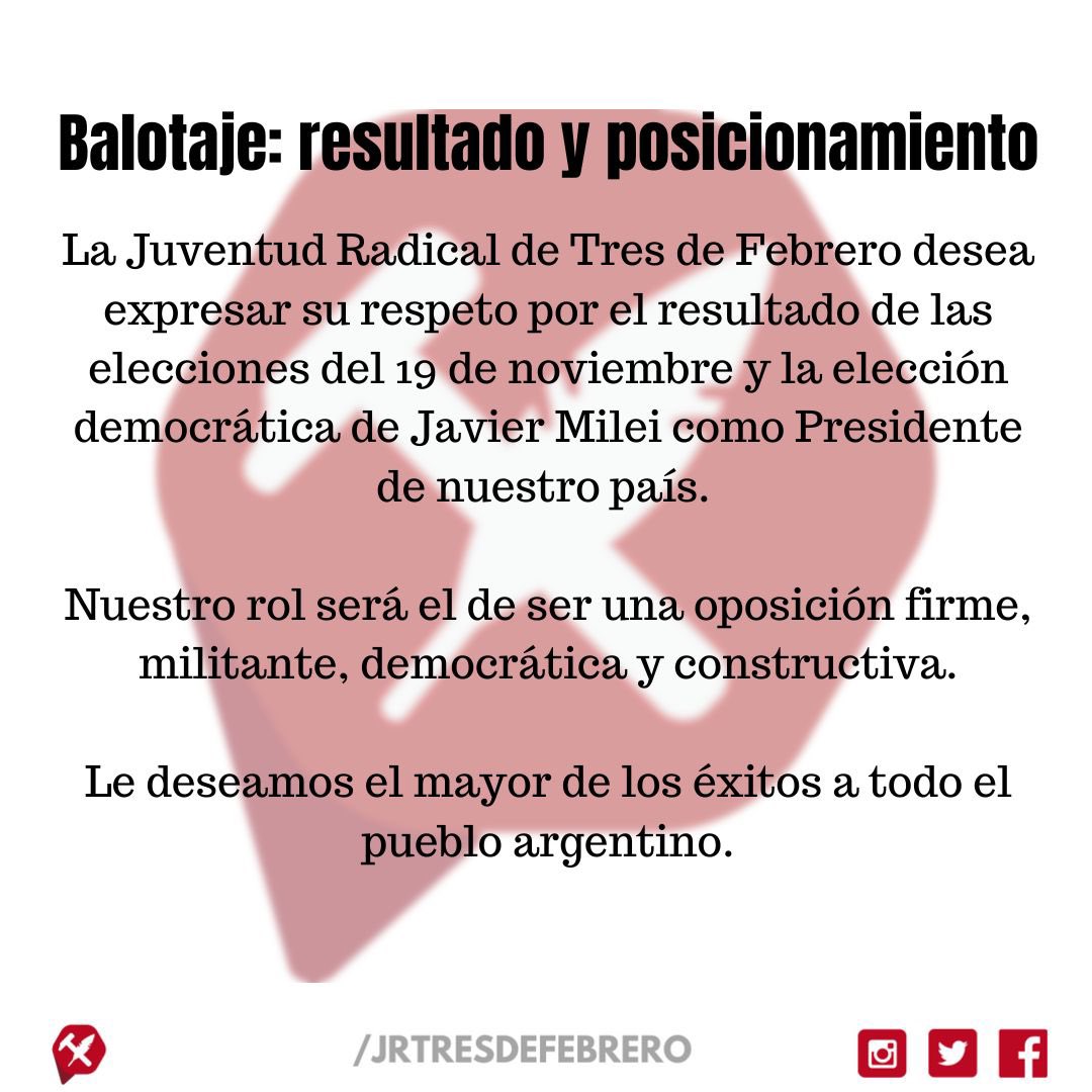 jrtresdefebrero's tweet photo. BALOTAJE: RESULTADO Y POSICIONAMIENTO🇵🇱

La Juventud Radical de Tres de Febrero desea expresar su respeto por el resultado de las elecciones del 19 de noviembre y la elección democrática de Javier Milei como Presidente de nuestro país. 👇🏽 https://t.co/XquaWld1Yu