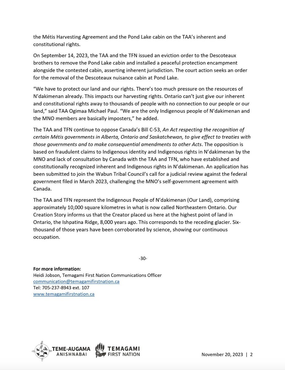 Teme-Augama Anishnabai has filed a lawsuit against Province of Ontario & 2 MNO members. Please watch the video announcement and read the full media release and backgrounder below. youtube.com/watch?v=jgdqa1…