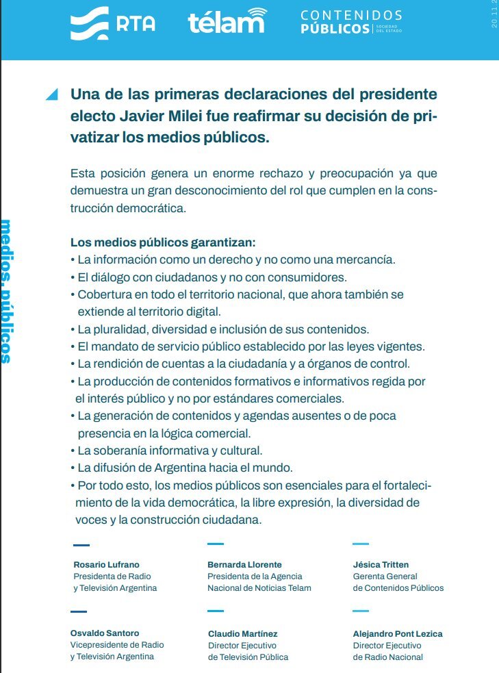 AgenciaTelam's tweet photo. Comunicado de los medios públicos sobre la intención de Milei de privatizarlos

https://t.co/o7BiCcwpPX https://t.co/Bgp0dmzdtb