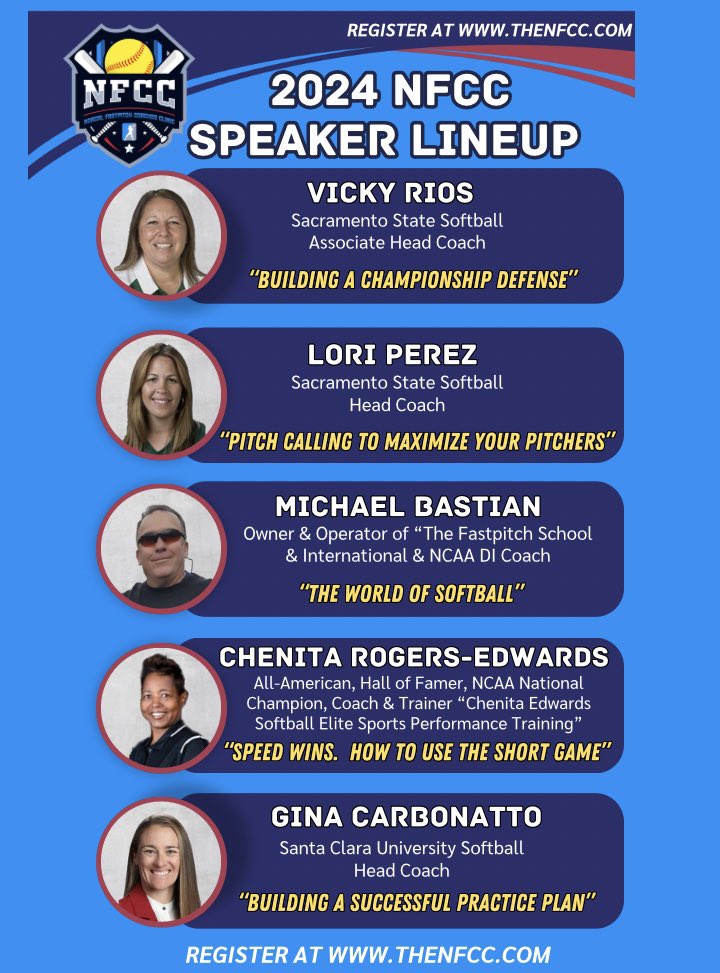 norcalfastpitch's tweet photo. Here is our 2024 NFCC Speaker lineup &amp; topics for our January 6th, 2024 event at Great Wolf Lodge in Manteca, CA. Register now at https://t.co/WtiXvtUBWK (Link in Bio)
#nfcc2024 #unitingcoaches #fastpitchsoftball #fastpitchcoach https://t.co/2GoVyuuXm4