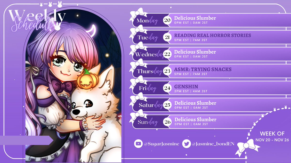 Jasmine_bondEN's tweet photo. 🎀NEXT WEEKLY SCHEDULE🎀
A chill week😊
Week: 11/20~11/26
TAGS ~
Arts: #sugARTmine
Clips: #SweetCuts
Live: #SugarLIVE
Fan name: Teacups🍵
#vtuber #VtubersEN #VtuberUprisings #LunaCattus #bondEN
*subject to change https://t.co/K7hgBAk8w0