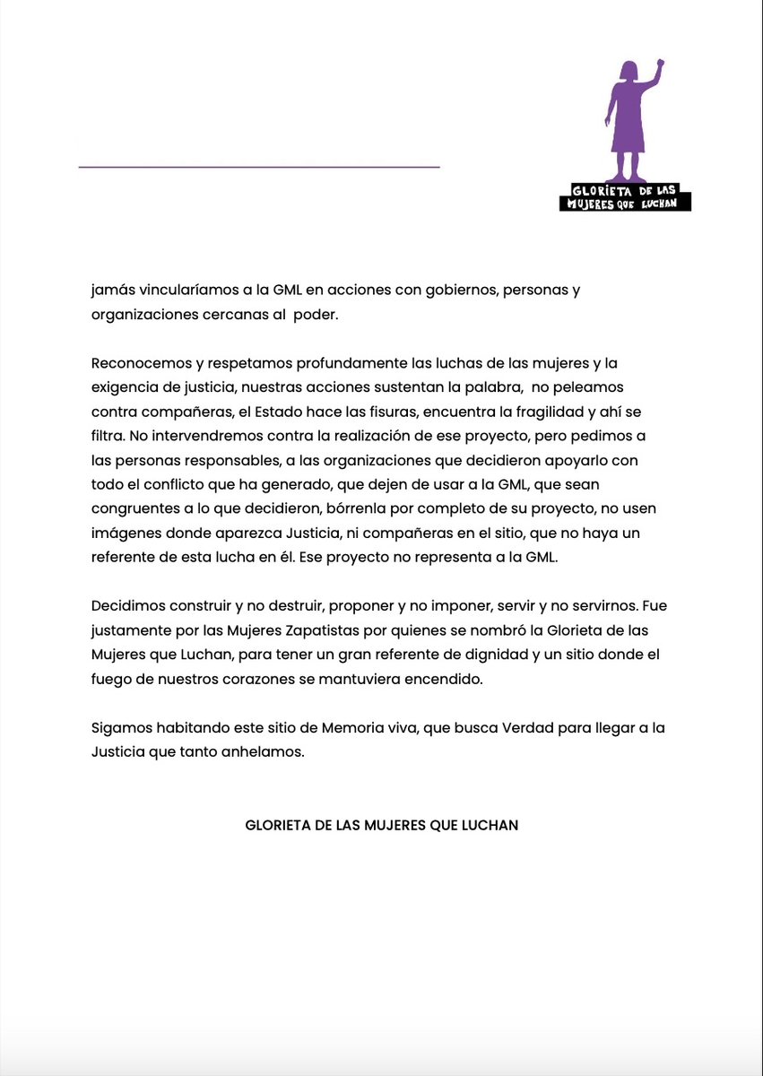 Aclaración pertinente:
Ni la Glorieta de las Mujeres que Luchan, ni la Antimonumenta-Justicia colocada en el pedestal están involucradas de ninguna forma en la convocatoria para marchar con miles de figuras  que saldrán del ángel de la independencia el próximo 25N.
