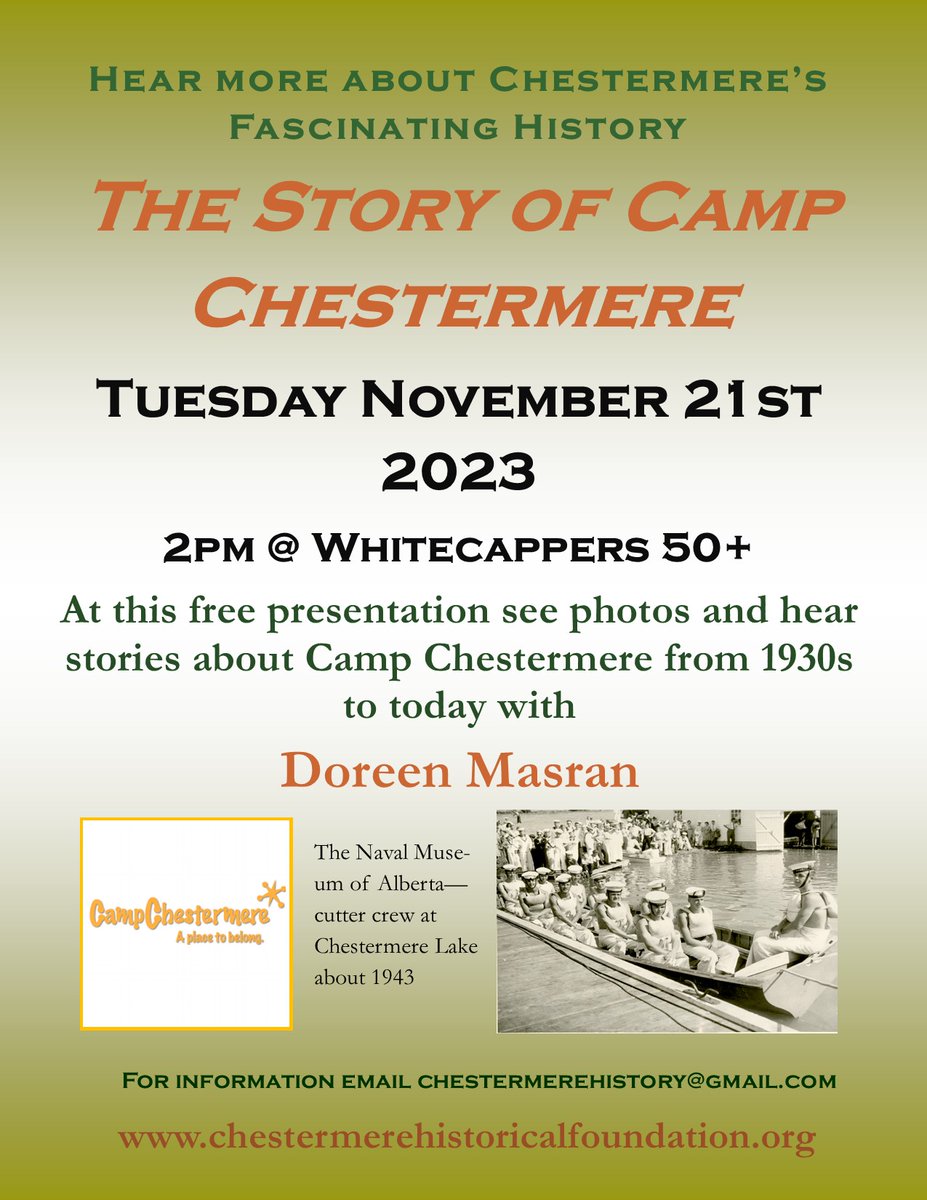 ChestermereF's tweet photo. Tomorrow Nov 21st 2pm 'The Story of Camp Chestermere' by Doreen Masran - Whitecapper's Ctr. 201 W Chestermere Dr. FREE - Did you go to Camp there? Great photos!  https://t.co/vSvC9IK5pn https://t.co/GqTxeChFnc