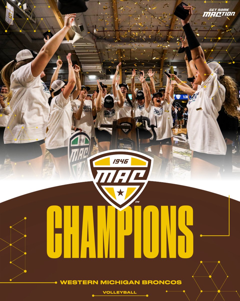 MACSports's tweet photo. History = MADE 🏆

The Western Michigan Broncos are your 2023 MAC Volleyball Tournament Champions! With the win, WMU becomes the first team since 2006 to go undefeated and secure the tournament title 🐎

@WMUVolleyball | #MACtion https://t.co/kWQ5qpanS8