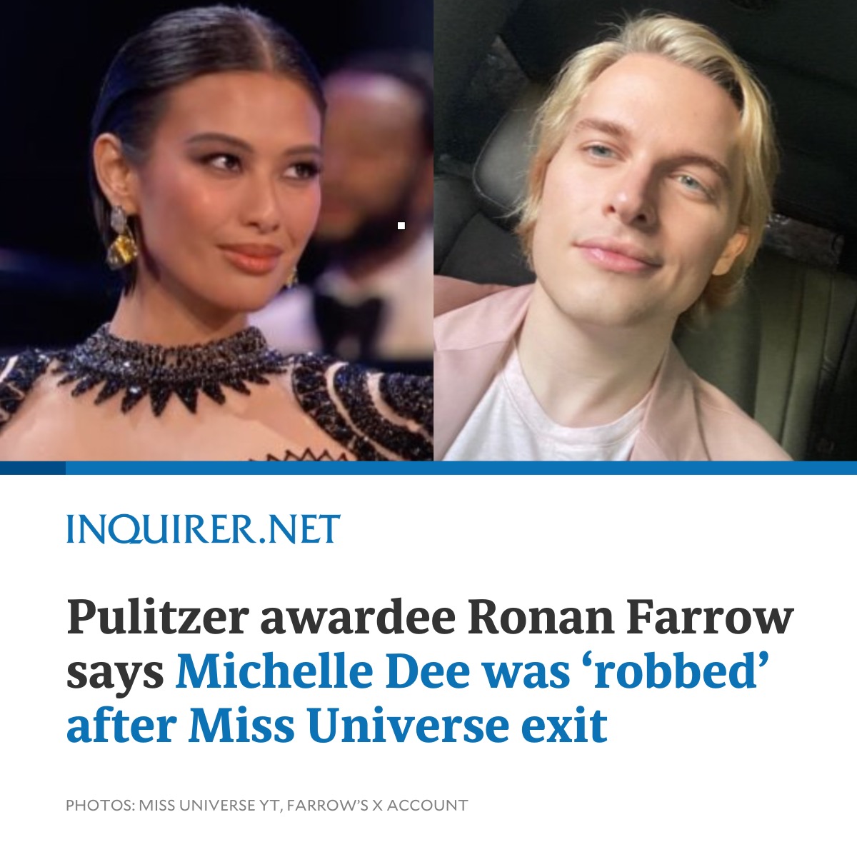Even Pulitzer award-winning investigative journalist Ronan Farrow was rooting for Michelle Dee and thought the Filipina beauty queen has been deprived of the opportunity to shine at the final round of the Miss Universe 2023 pageant.

Read more: inqnews.net/RonanFarrow