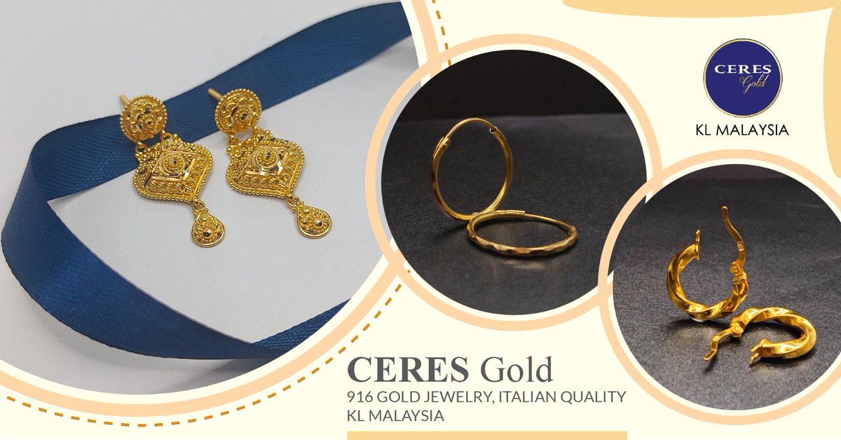 Gold earrings for every occasion, crafted to Italian standards in 916 gold (same as 22k gold). 22k earrings for every occasion at Ceres Gold in KL Malaysia. #goldearrings #22kgoldearrings #ceresgold #malaysiaearrings #ceresgoldearrings