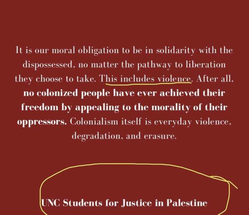 SloanRachmuth's tweet image. I’m calling for Students for Justice in Palestine at @UNC to be suspended permanently. 

Supporting and celebrating the murder Jews and supporting terrorism, is dangerous and unlawful. The BOG and Trustees must act NOW! #ncpol #terrorism #SJP #UNC