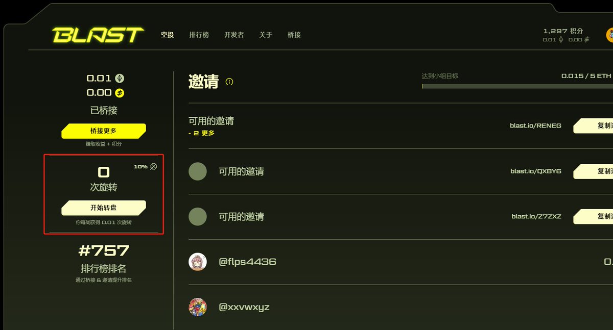 sanyi_eth_'s tweet photo. 摸了一下 @Blast_L2 怎么玩
1. 先找邀请码注册，一定要存款，无论多少，这样你才能拿到邀请码
邀请码：https://t.co/XBcSxA9JdL；https://t.co/BtTN9c8IqO；https://t.co/js7fBF51UL
2. 通过大转盘拿积分如图一
3. 跨桥拿积分，明年2月主网上线后才能提取
4. 邀请好友，邀请大户可以获得额外积分。图二
5. 好友存款到5E，可以得到一次超级大转盘和10个邀请码。积分是正常的10倍
6. 最后也是最重要的，可以去存BLUR拿积分（图4）
地址：https://t.co/kXqS51DMR9