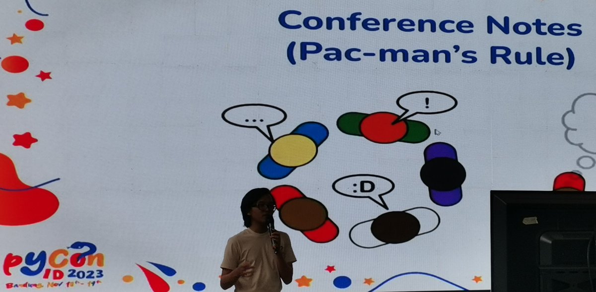 ivyfung81's tweet image. D21 #100daysofdevrel
I learnt something new from @dmaharika during #pyconid2023
Pac-man's rule: “When standing as a group of people, always leave room for 1 person to join your group”.  An idea introduced by @ericholscher
#pythonisfun
