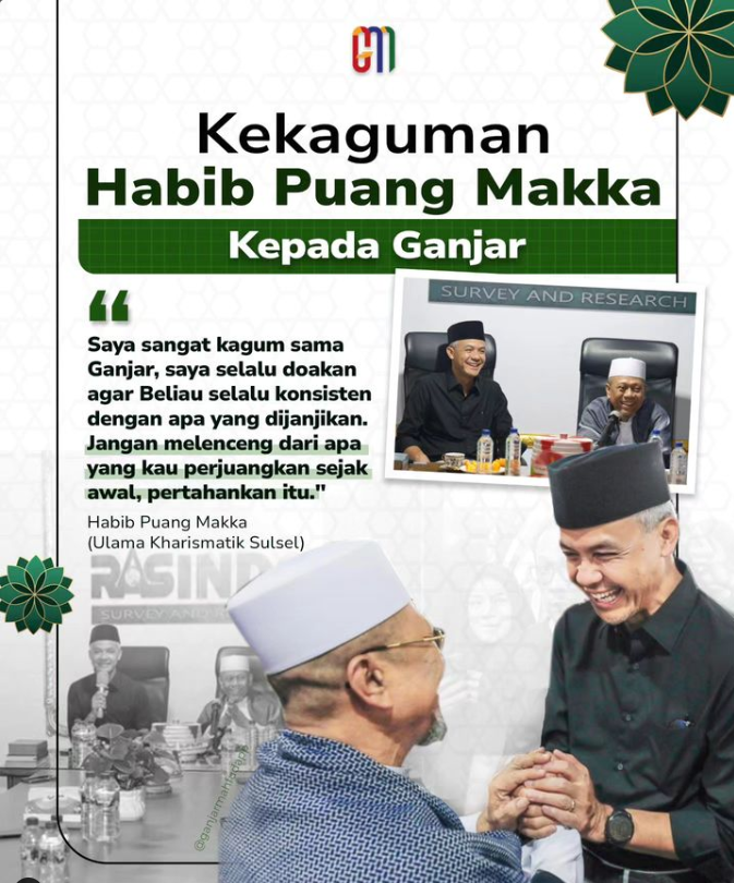 Hubungan Habib Puang Makka dengan Pak Ganjar bukan saja seperti murid dan guru, tapi juga bagai seorang sahabat. Beliau berdua selalu berjuang dalam satu barisan yang sama untuk selalu konsisten merawat persatuan. 

Ganjar Mahfud IdolaRakyat
Pilih Pemimpin T3rbaik