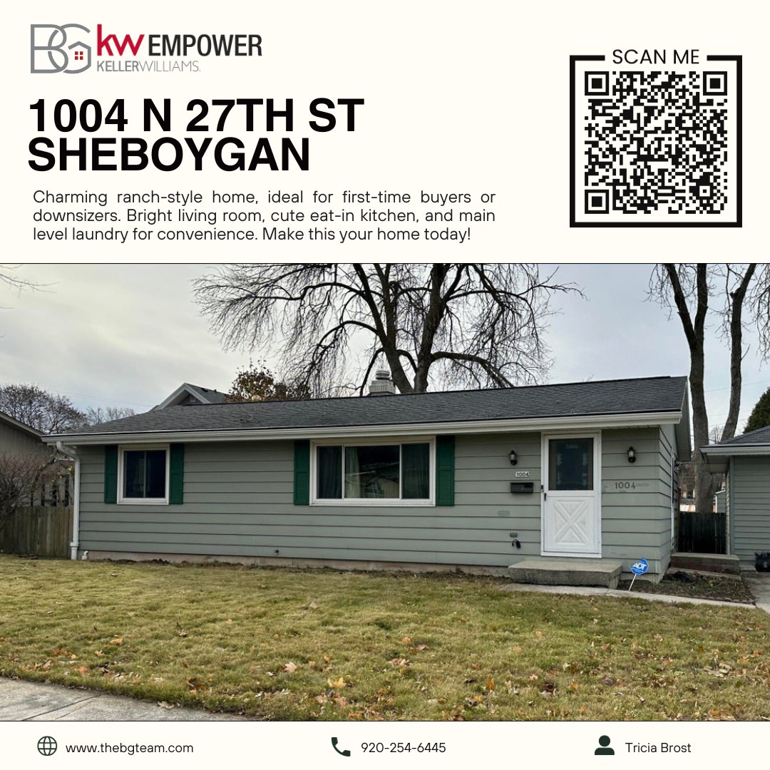 ‼️NEW LISTING: 1004 N 27th St, Sheboygan‼️

List Price:  $149,000
2 Bedrooms
1 Bathroom
Est. Total Sq. Ft.: 1,008

For inquiries, you may text or call:
Tricia Brost, BROKER ASSOCIATE® | 920-254-6445
#TheBrostGroup #kwempower #justlisted #justlistedhomes #newlisting
