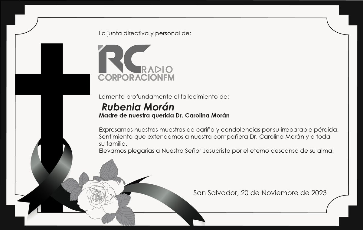 La familia de Radio Corporación FM lamenta la irremediable pérdida de la señora Rubenia Morán madre de nuestra querida  Dr. Carolina Morán,  nos unimos a su familia elevando nuestras plegarias y extendiendo nuestras muestras de cariño y respeto para con su familia. 🕊️