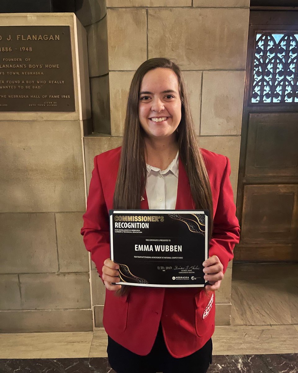 HNSfccla's tweet photo. Our chapter vice president, Emma Wubben, was recognized today in the state capitol by the Commissioner for her outstanding achievement at Nationals! We are so proud of Emma and all of her accomplishments within FCCLA! https://t.co/yetqZVEhi3