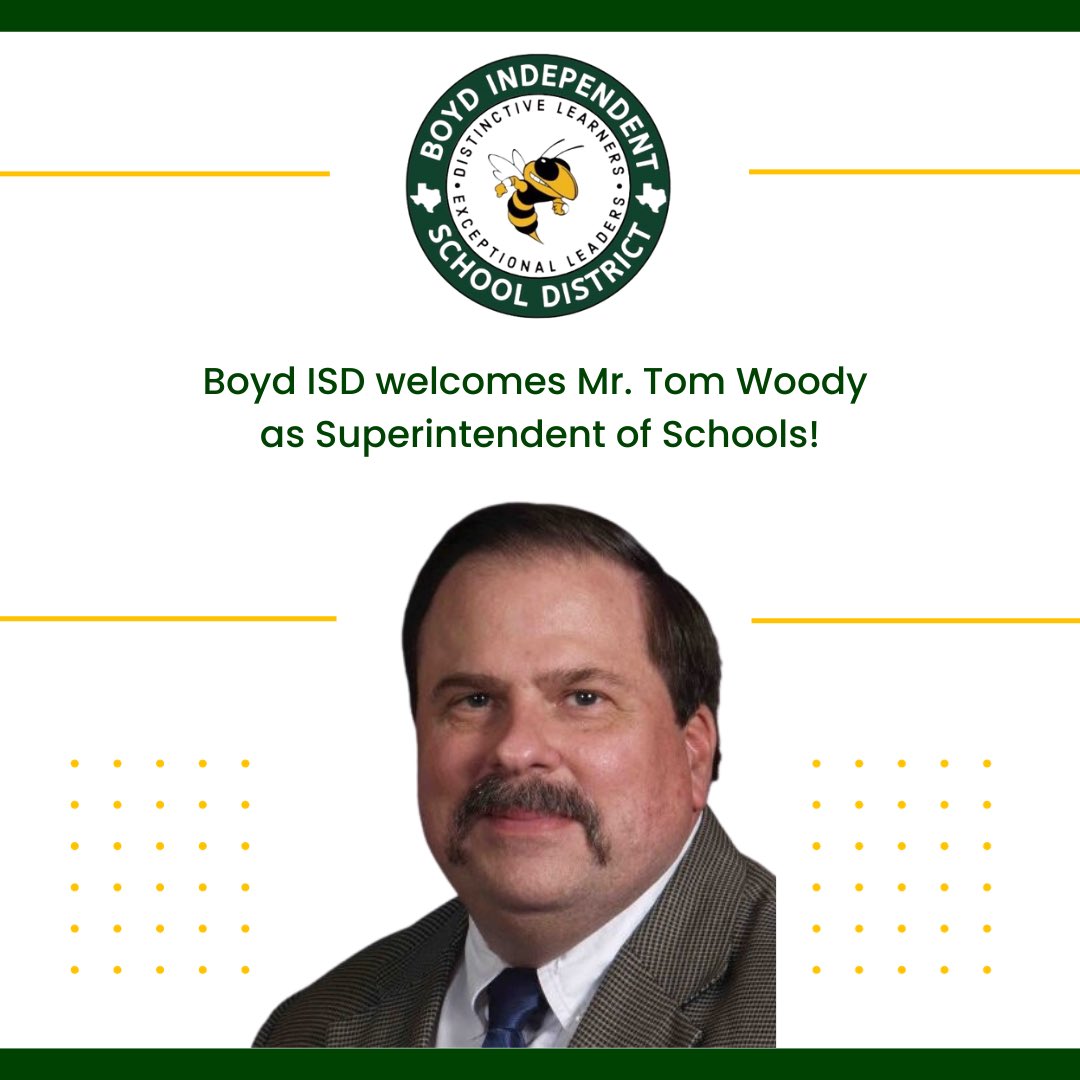During tonight's school board mtg, the @BoydJackets Board of Trustees approved Tom Woody as the district's superintendent of schools.

Mr. Woody will begin with Boyd ISD on Mon, Jan 8, 2024. 

Welcome to Boyd, Mr. Woody!