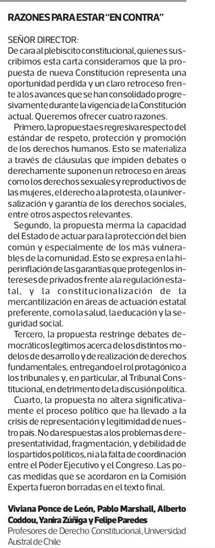 Carta al director de los profesores Viviana Ponce de León, @PabloMarshall8, <a href="/betocoddou/">Alberto Coddou Mc Manus</a>, <a href="/YZunigaAnazco/">Yanira Zúñiga Añazco</a> y Felipe Paredes: