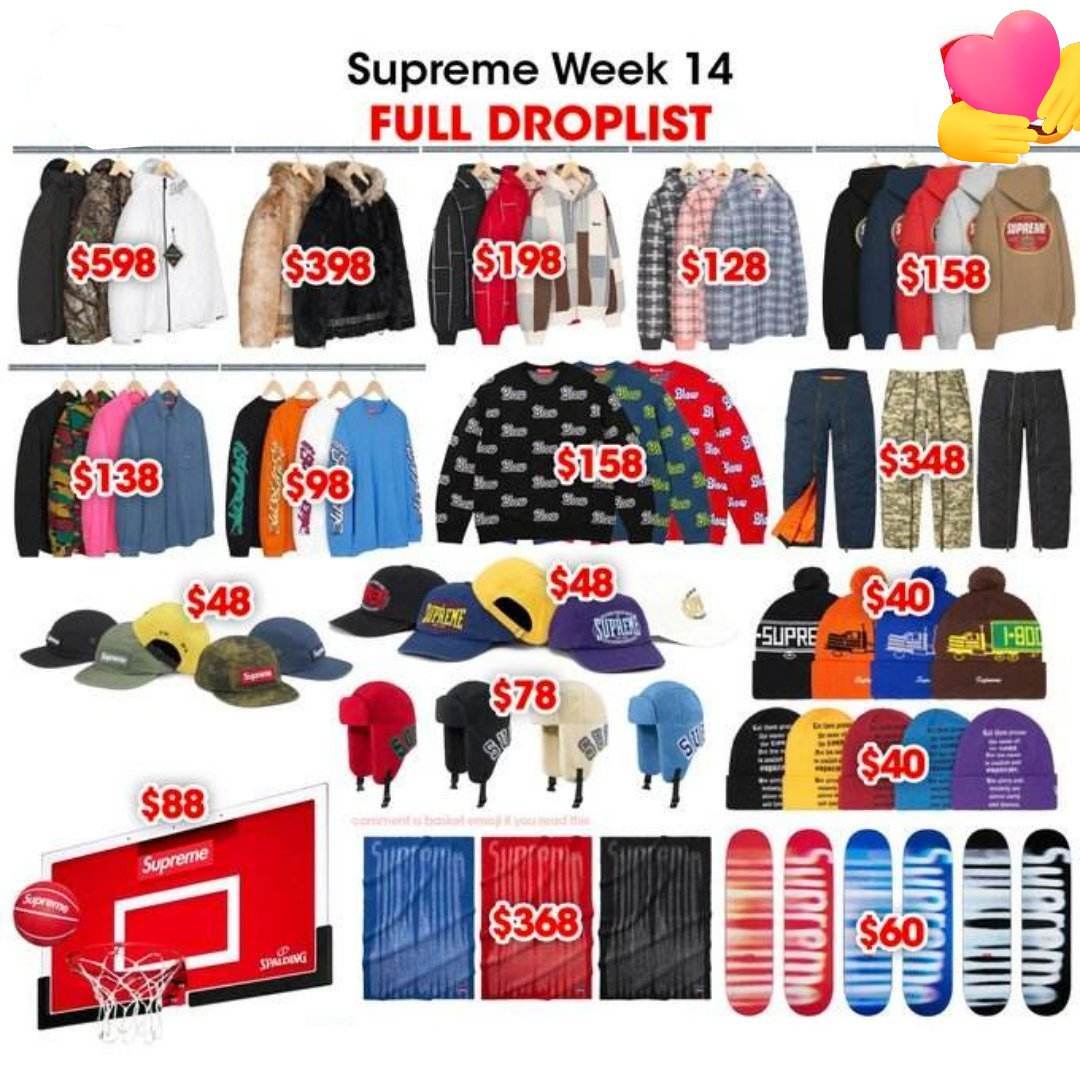 sneaker_maris's tweet photo. Supreme Week 14 - Full Droplist &amp; Retail Prices
https://t.co/oQzTz2ozfD https://t.co/MPayfMiVEv