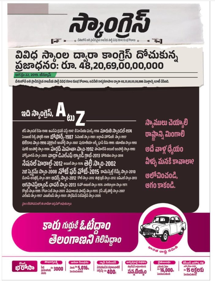 GandhiArekapudi's tweet photo. కాంగ్రెస్ అంటేనే స్కాములు   దేశంలో ఏ రంగాన్ని వదలకుండా.. అన్ని రంగాల్లో A to Z స్కాములను చేసి.. ఆఖరికి పంచభూతాలను దోచేసింది ఈ స్కాంగ్రెస్ పార్టీ.  స్కాంగ్రెస్ పార్టీని చిత్తుగా ఓడిద్దాం.. తెలంగాణను కాపాడుకుందాం.

#SayNoToScamgress 
#VoteForCar 
#KCROnceAgain 
#GandhiOnceAgain 

@BRSparty 
@KTRBRS
@drRanjithReddy