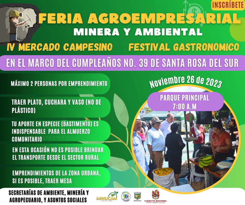 SantaRosadelSur's tweet photo. 🍅¡Inscríbete y participa de La Feria Agroempresarial, Minera y Ambiental! 

¡En conmemoración del cumpleaños XXXIX del municipio y el Día Internacional de la Eliminación de la Violencia contra la Mujer! 

Inscripciones abiertas hasta el 24 de Noviembre. https://t.co/GVlEWOCVvr