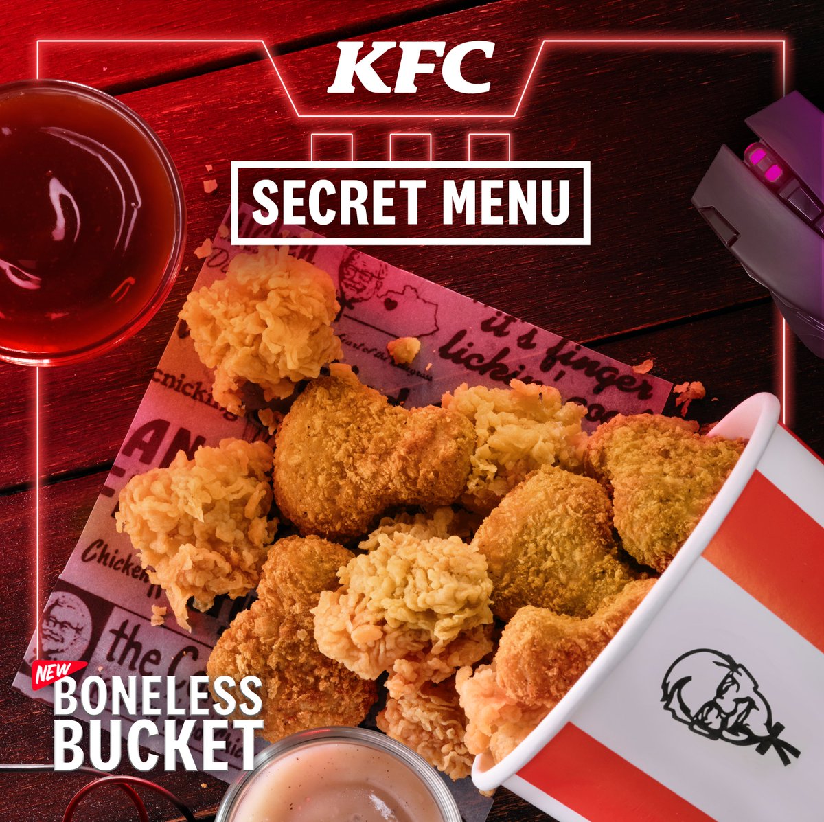 KFCPhilippines's tweet photo. The ultimate flavor mission is here! #KFCSecretMenu: Boneless Bucket is here with a finger lickin’ good spin you won’t see coming! 🍗

Get your KFC fix through https://t.co/JfP7CcJD8w, KFC App, 88-87-8888, or GLife. https://t.co/MxJHAv4CZm
