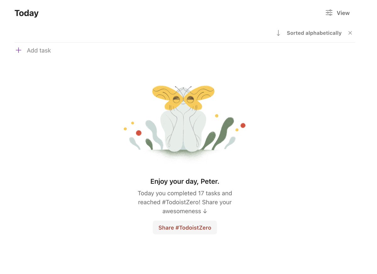 I don't get to this screen often in <a href="/todoist/">Todoist</a>, but inbox zero sure feels good when I do. 
(Not shown— nine tasks scheduled for tomorrow)