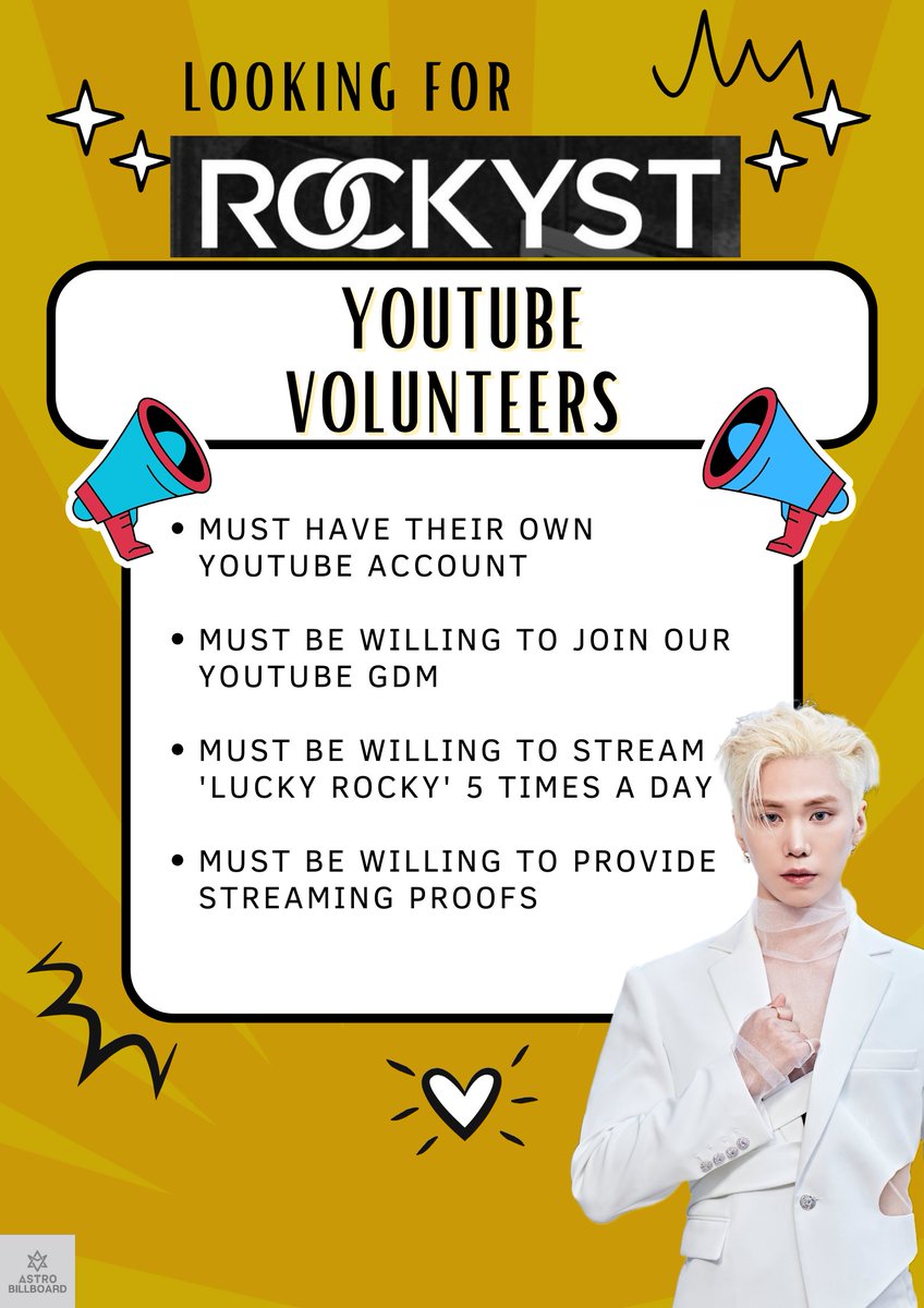 AstroBillboard's tweet photo. [YOUTUBE VOLUNTEERS RECRUITMENT] 

💜We are opening a Youtube Streamers GDM &amp; looking for Arohas to join

⬇️Interested can comment below

"I am willing to participate. 
#LuckyRocky #ROCKY #라키 "

📨You will be added to a GDM after screening.

💪Let's get our streaming gear on. https://t.co/7ivCCwKMPW